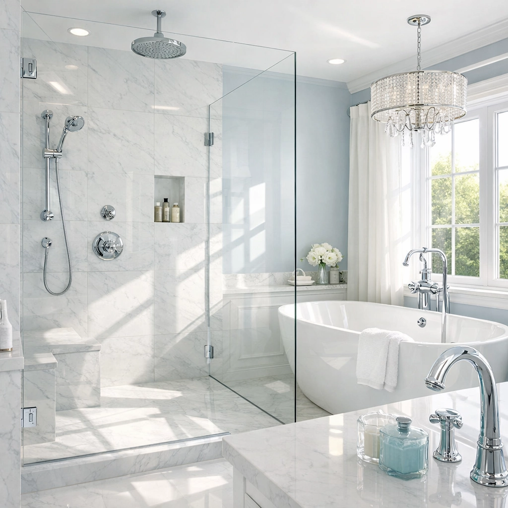 Crystal clear glass shower door and polished chrome bathroom fixtures showing a perfect final buff.