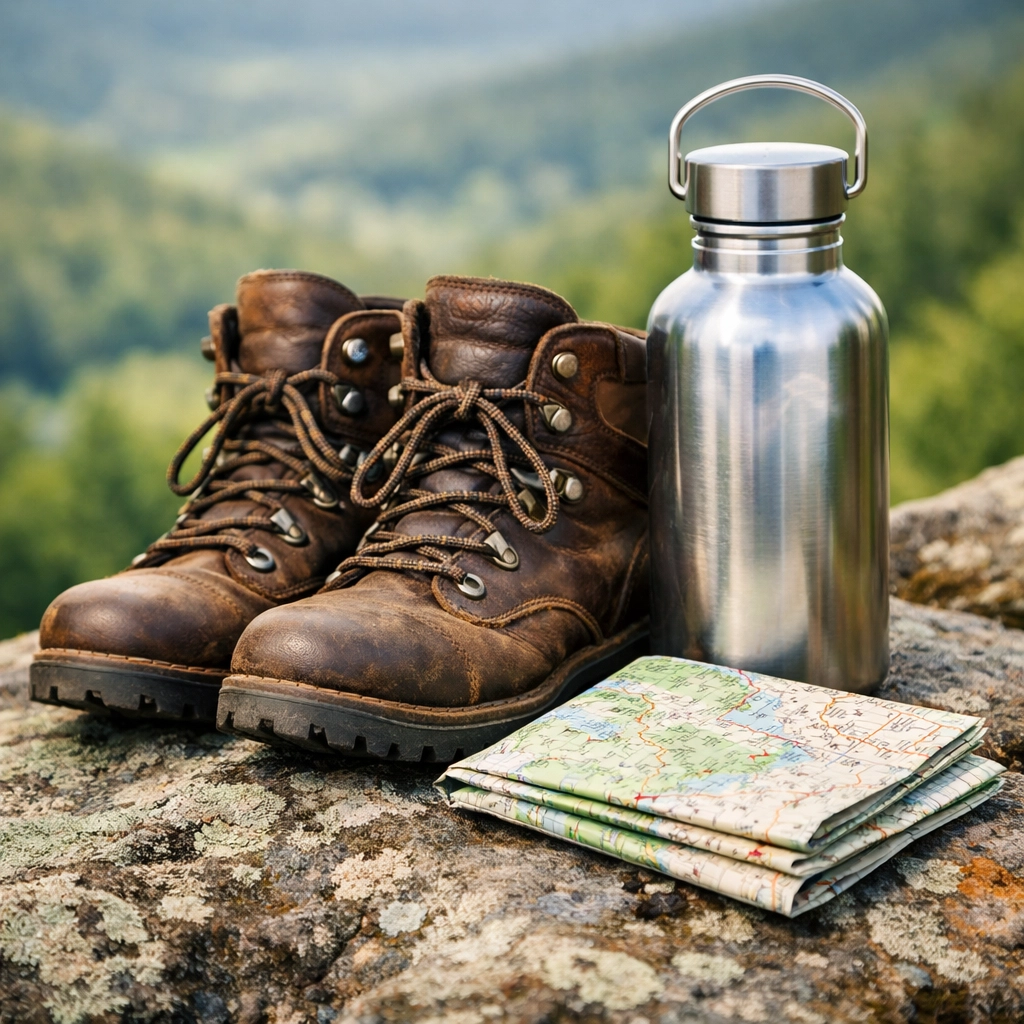 Essential hiking gear including boots and a map, ready for the start of the guided hiking tours UK season.