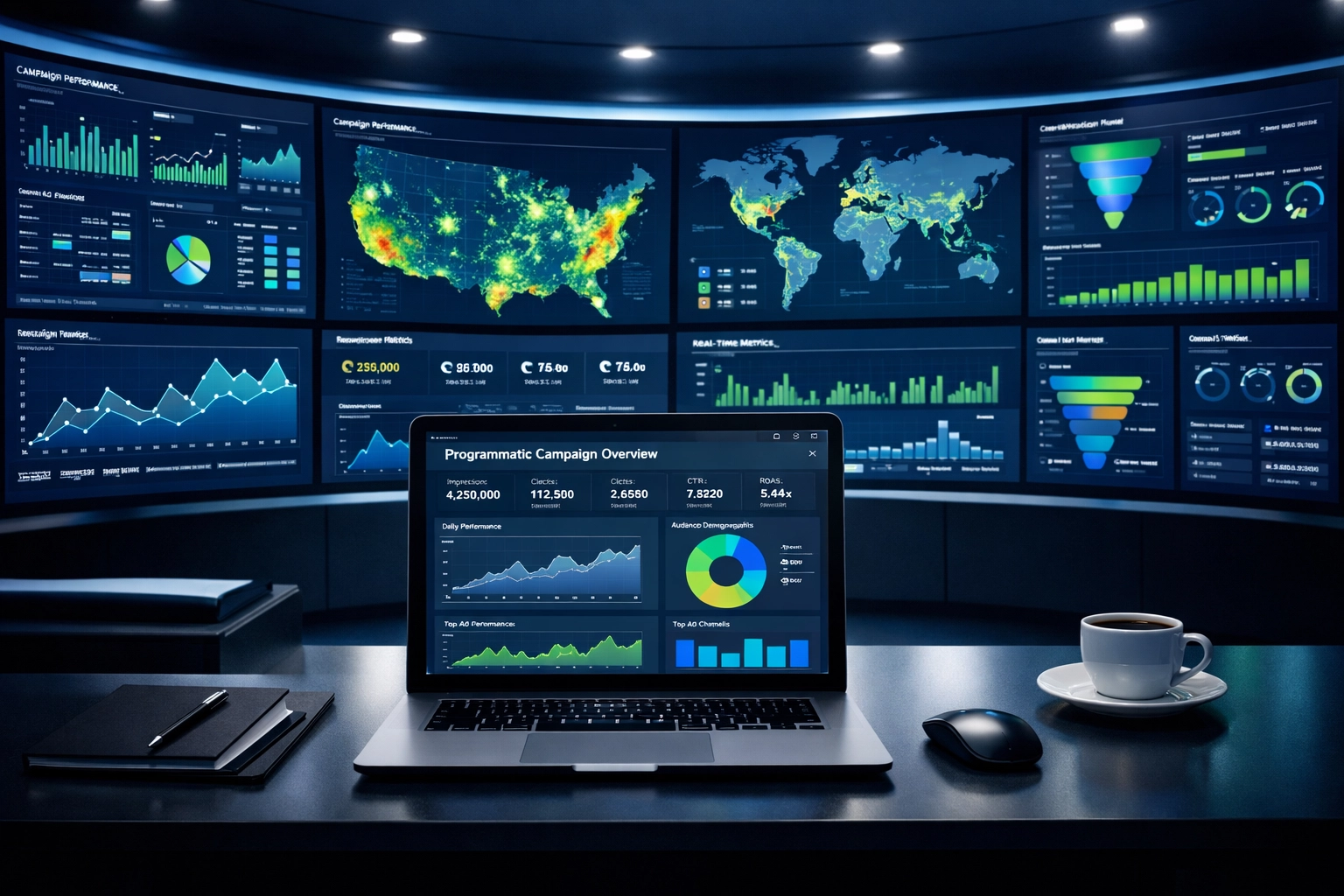 Programmatic DOOH campaign dashboard showing real-time analytics and targeting data