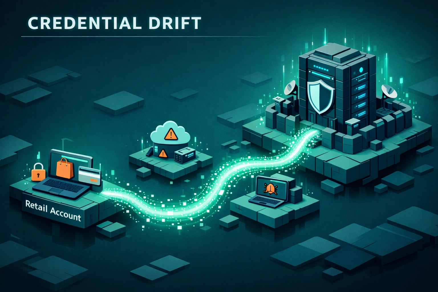Conceptual map of credential drift moving from personal retail accounts to corporate business servers.