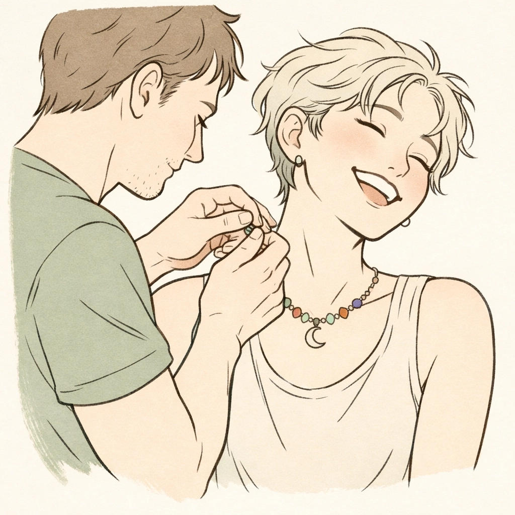 Illustration of a man helping his non-binary partner, capturing a moment of gender euphoria.