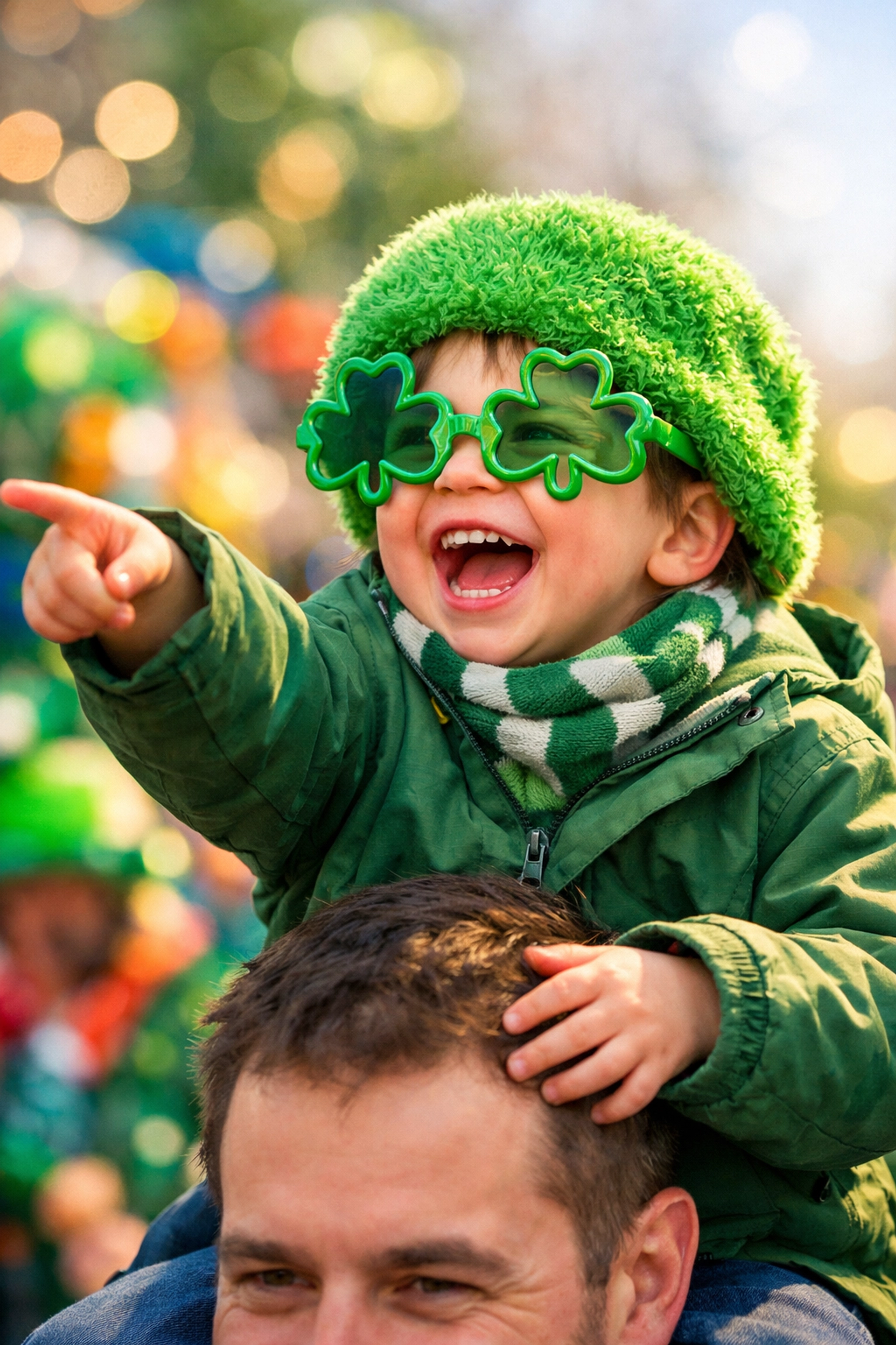 A child wearing green glasses enjoys the Montreal St. Patrick’s Parade from a parent’s shoulders.