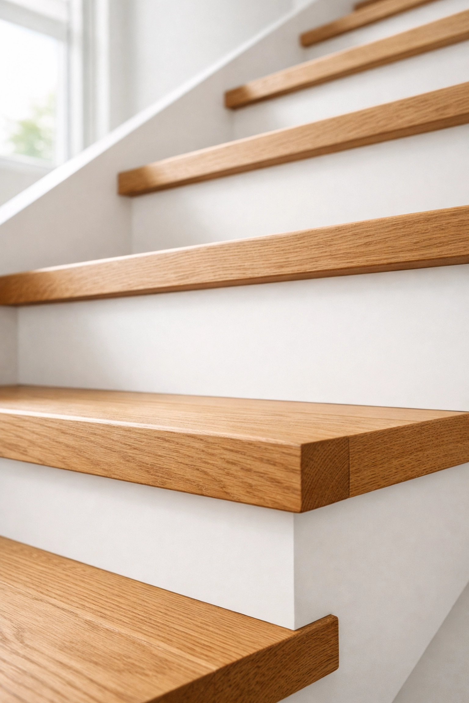 Close-up of safe wooden stair treads and white risers showing consistent step dimensions for fall prevention.