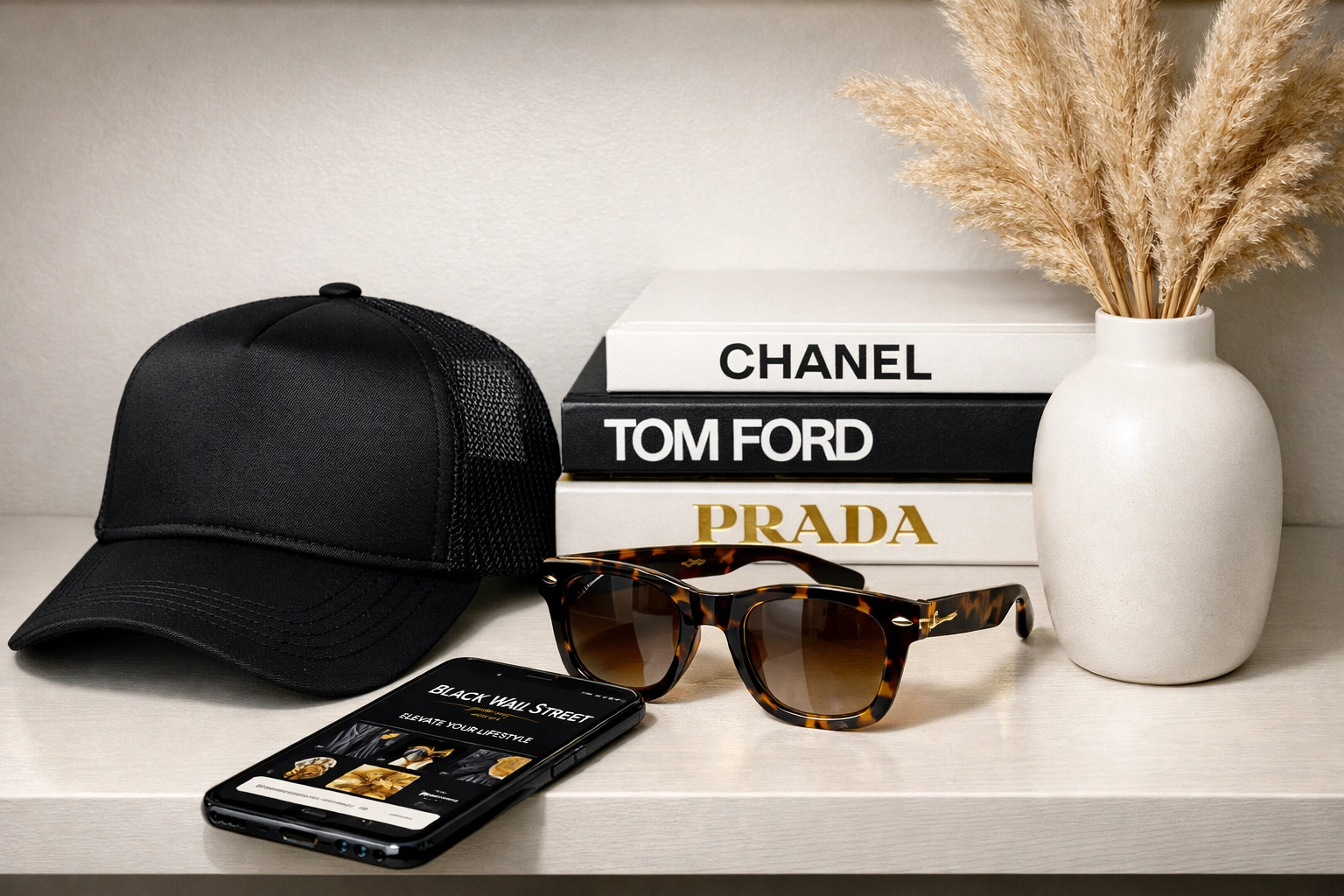 Curated display of Black-owned fashion accessories including a trucker hat and designer sunglasses.