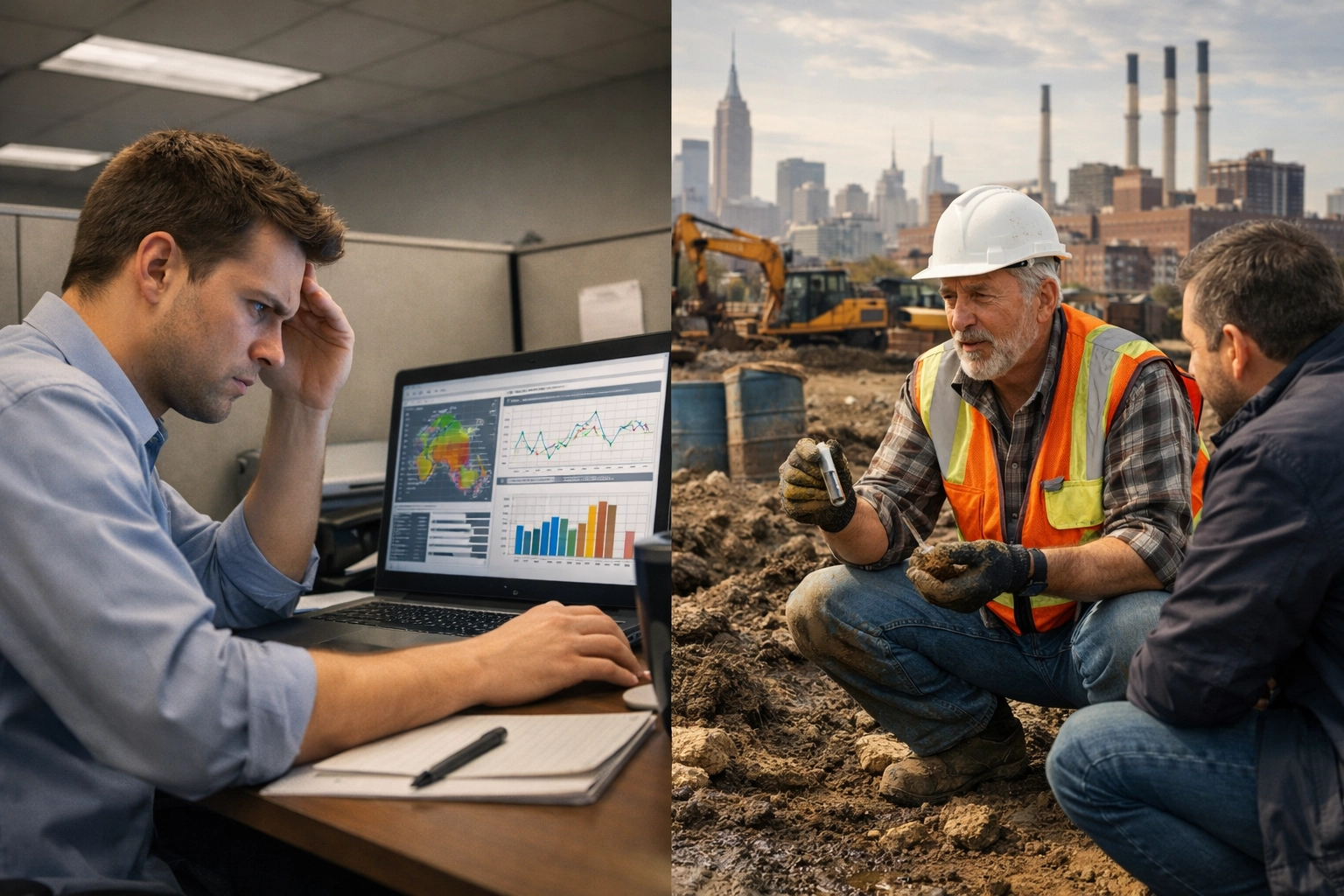 Experienced environmental engineer conducting hands-on site assessment versus desk-based consultant