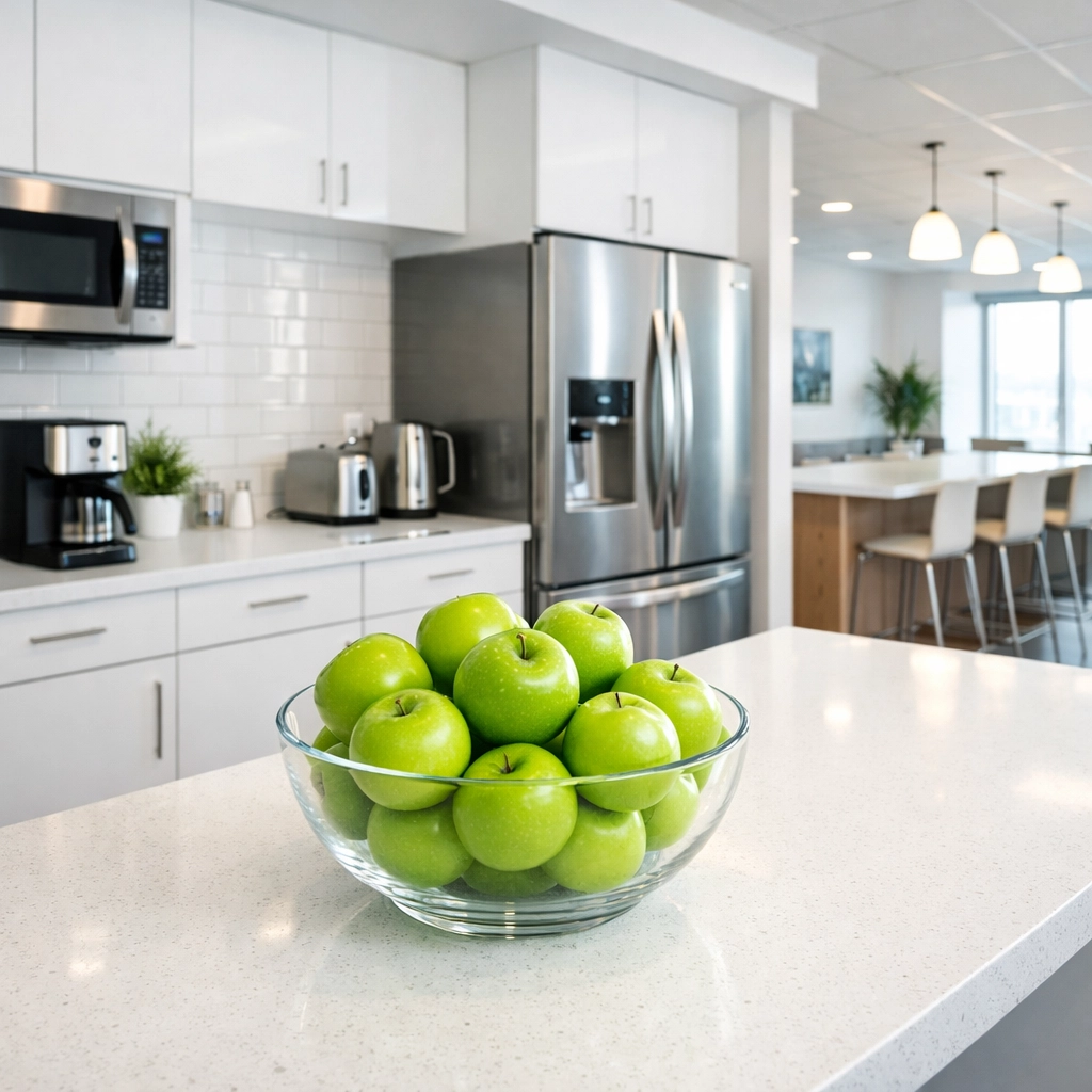 Spotless modern office breakroom with sanitized white quartz countertops and sparkling appliances.