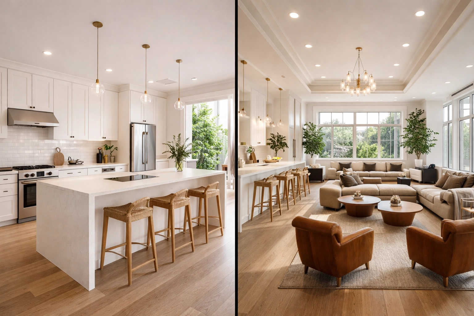 Consistent white shaker cabinets unify unit kitchen and clubhouse lounge in a luxury multi-family complex.