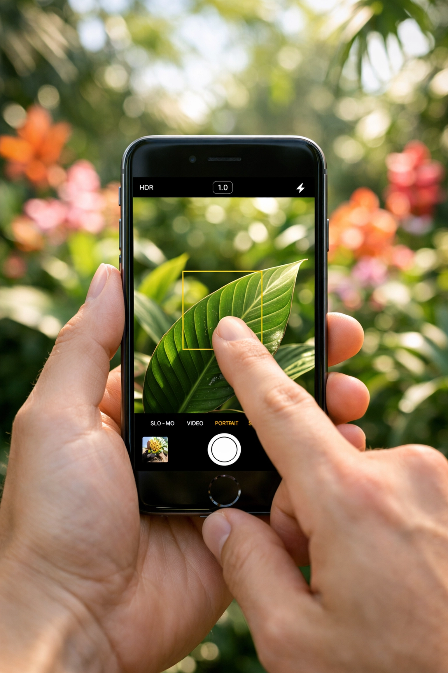 Using travel photography tips to set manual focus on an iPhone in a botanical garden.