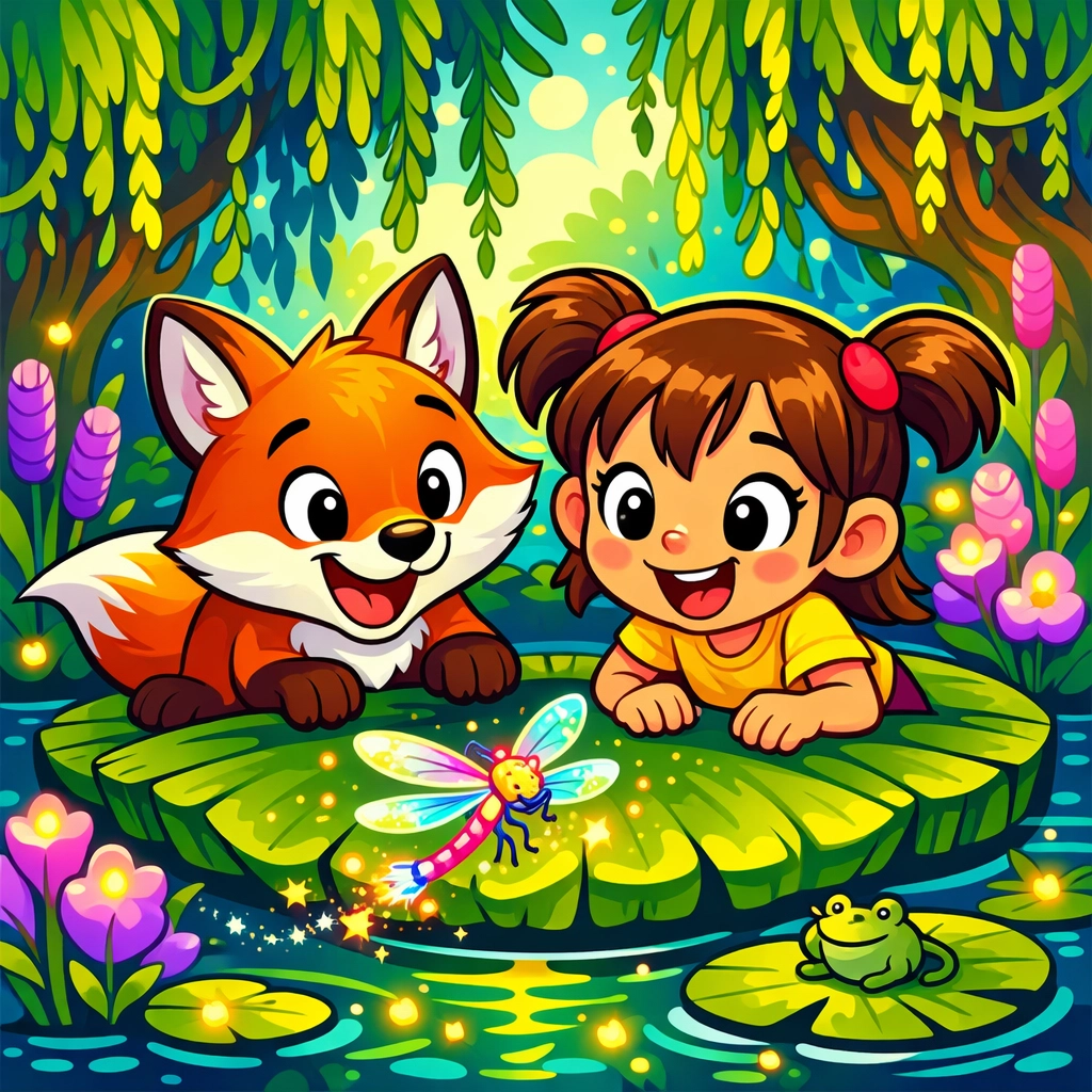 A girl and fox in a whimsical swamp illustrating inclusive stories for children with invisible disabilities.