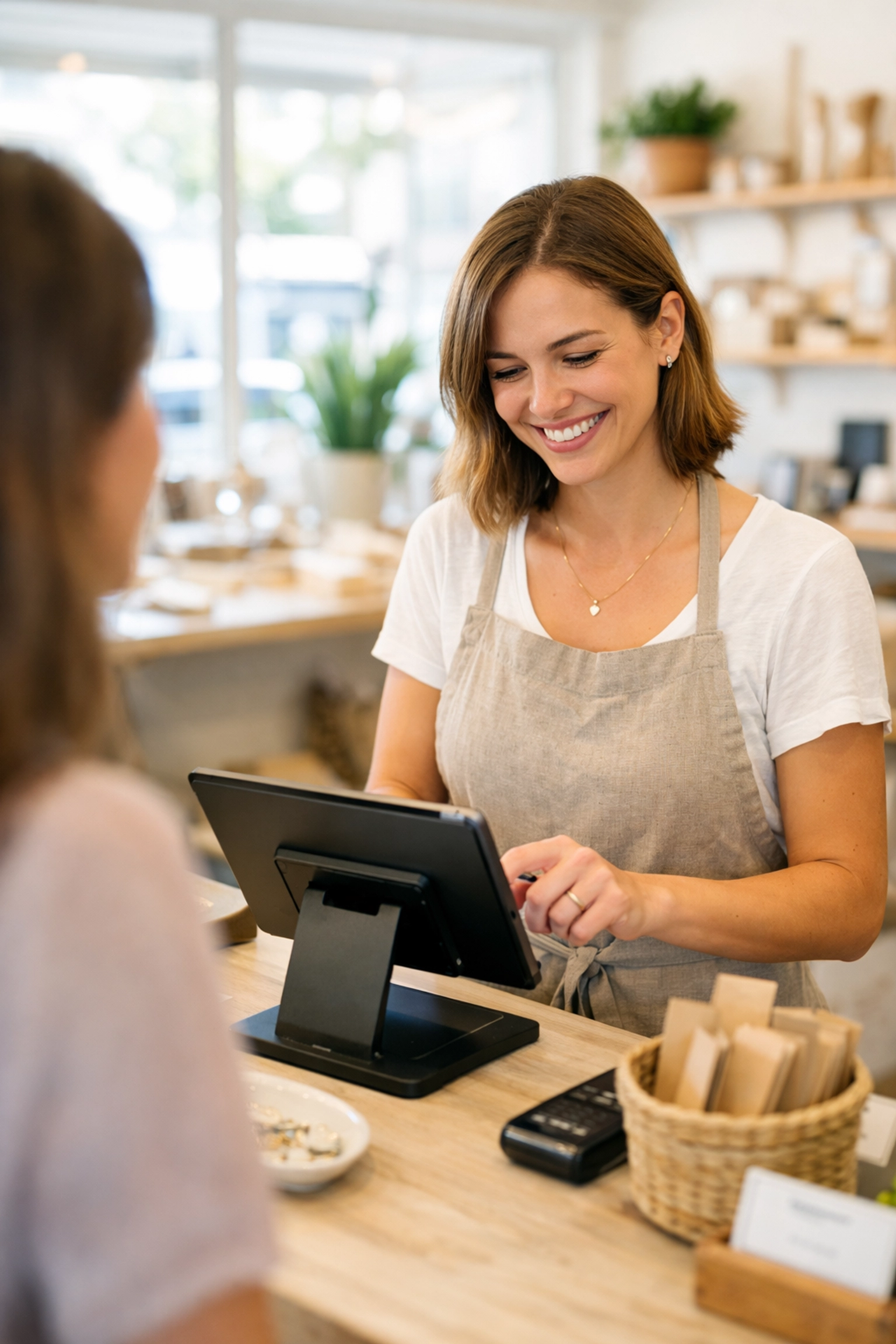 Retail business owner using affordable tablet POS system at checkout