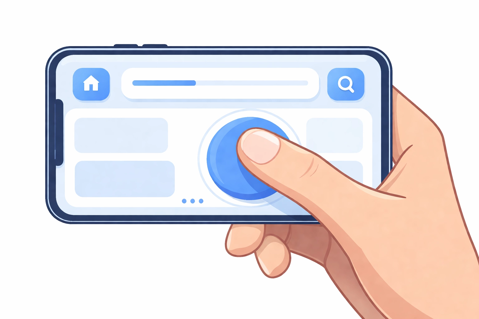 Hand holds smartphone, thumb taps large button showcasing user-friendly touch navigation in mobile web design