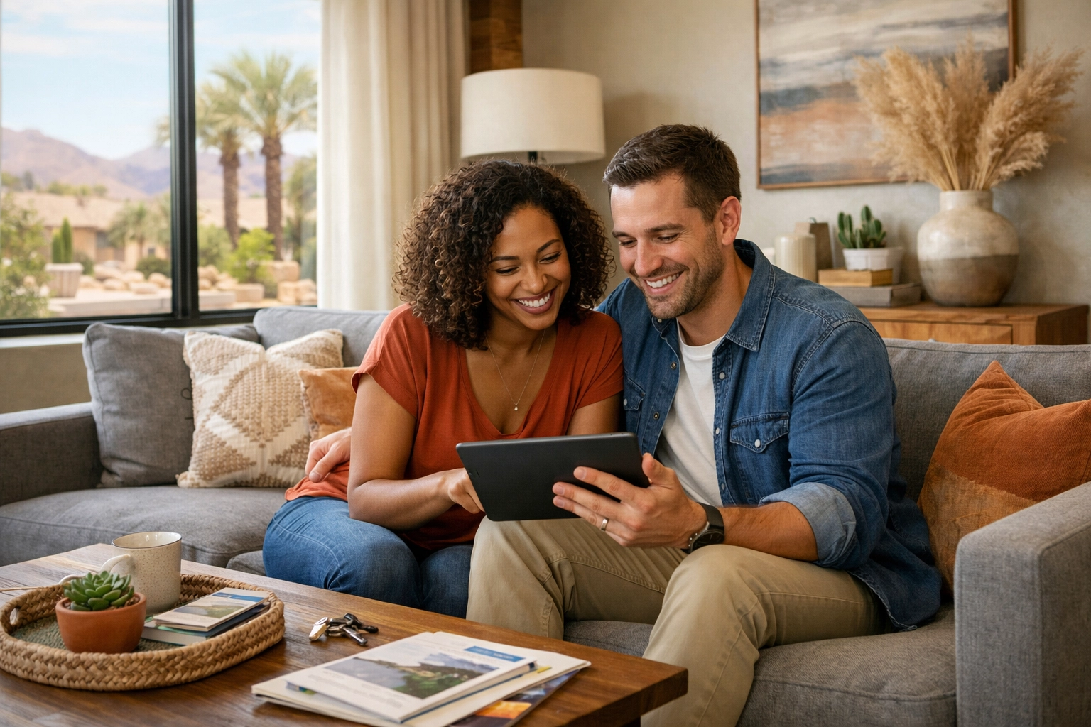 Couple reviewing homes for sale on tablet in Summerlin South Las Vegas living room