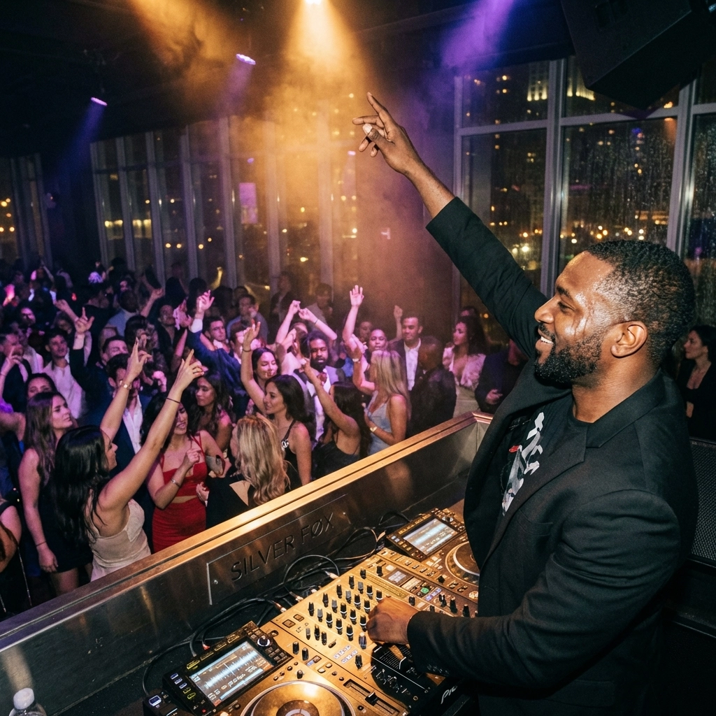 Professional DJ energizing a packed dance floor at an upscale Chicago venue with vibrant lighting and diverse guests
