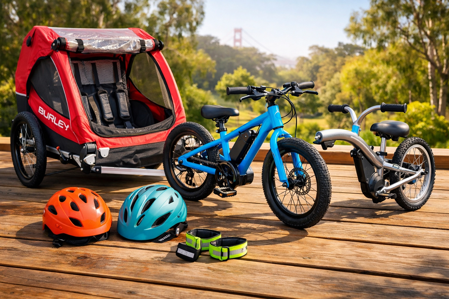 Family bike rental gear including burley trailer, kids e-bike, and safety helmets