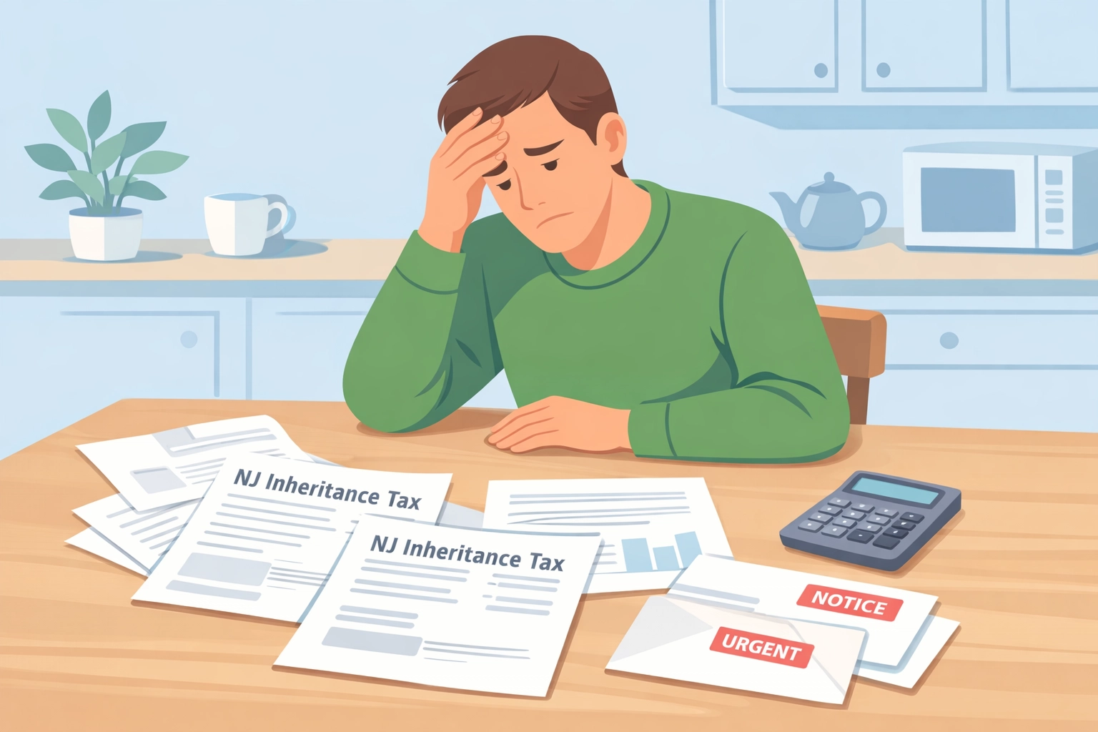Homeowner reviewing NJ inheritance tax documents and calculating costs for inherited property