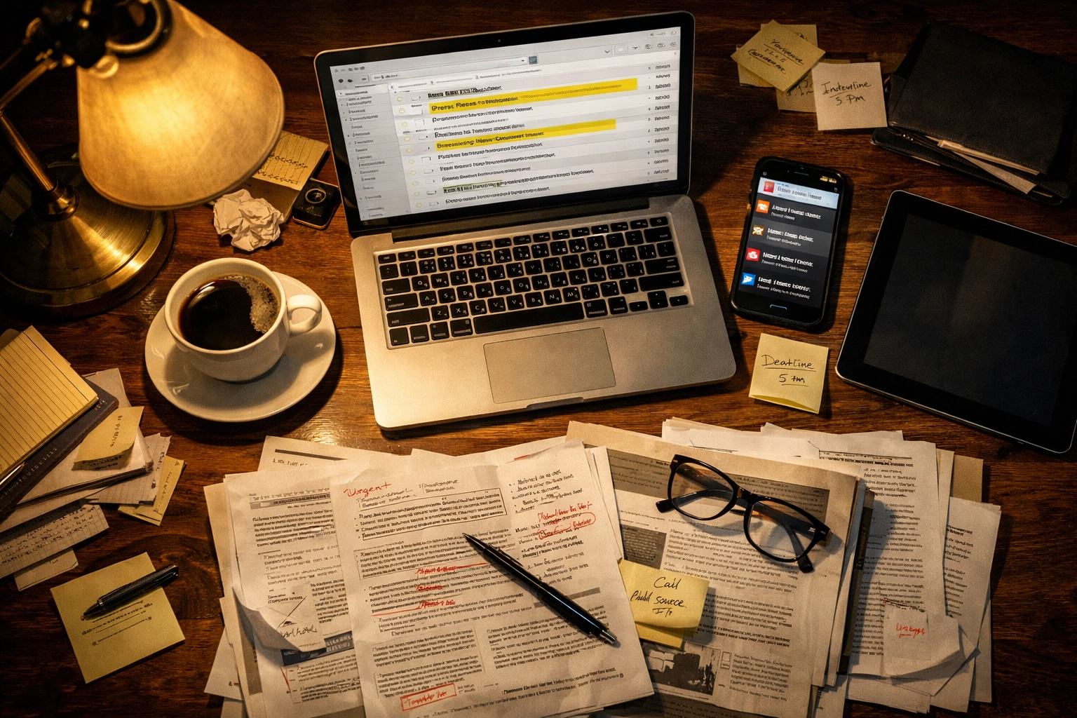 Journalist desk with inbox showing multiple press releases and media coverage notifications
