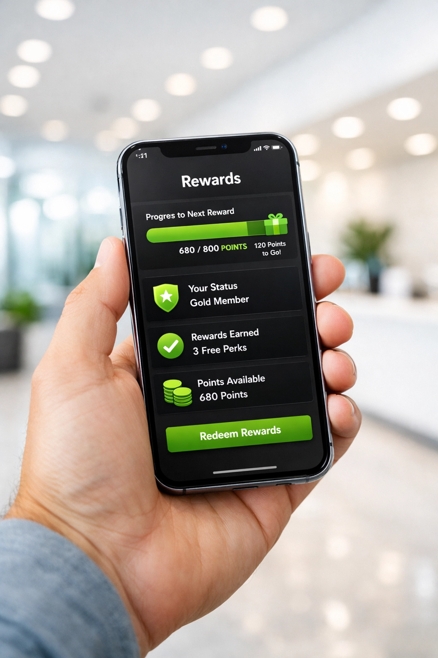 Custom mobile app with a loyalty rewards program displayed on a smartphone in a modern retail shop.