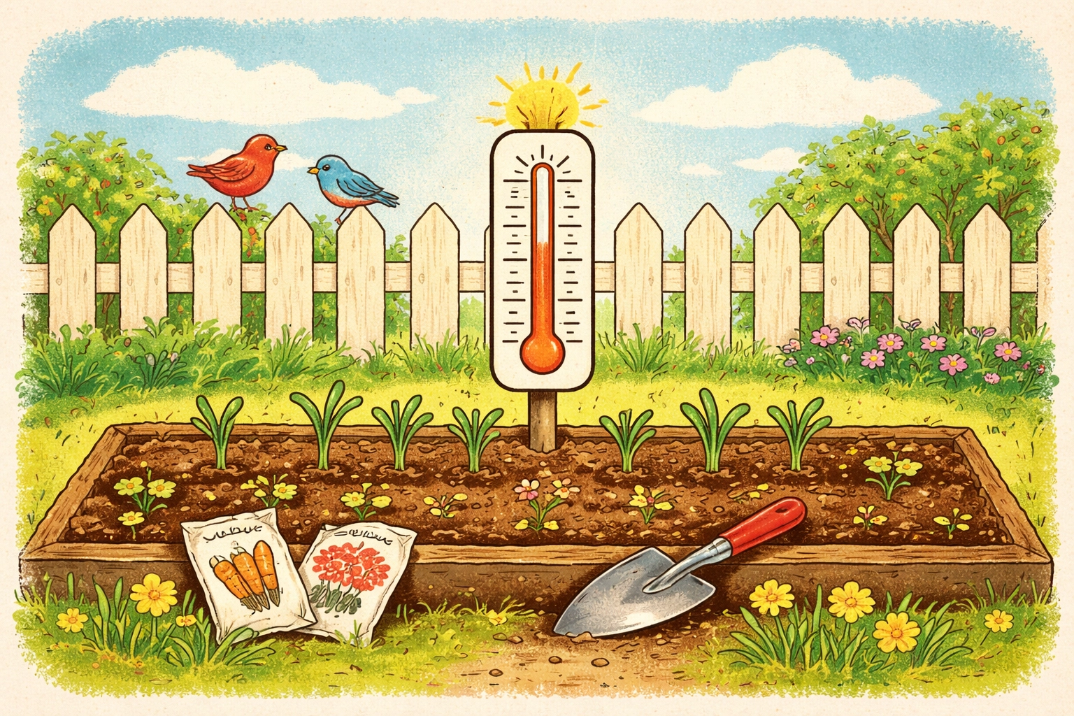 Whimsical 1950s-style storybook illustration of a spring garden in Zone 6 with a flat thermometer showing above-freezing, no text.