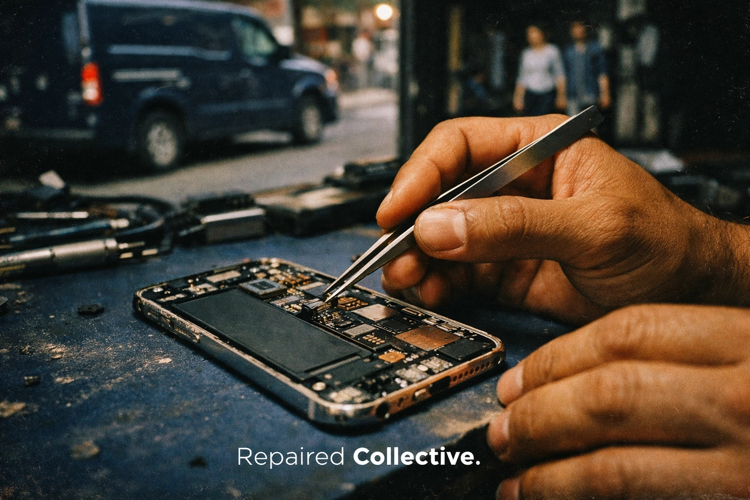 Expert MetroTech phone repair: technician performing precision internal motherboard diagnostics on an iPhone.
