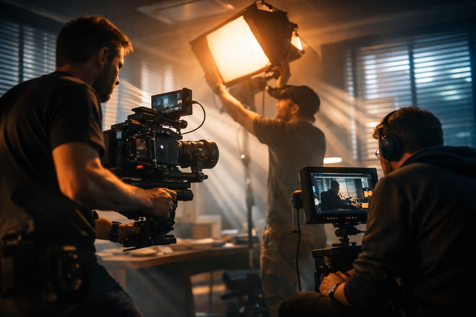 Boutique video production crew collaborating on corporate office set with professional cinema equipment