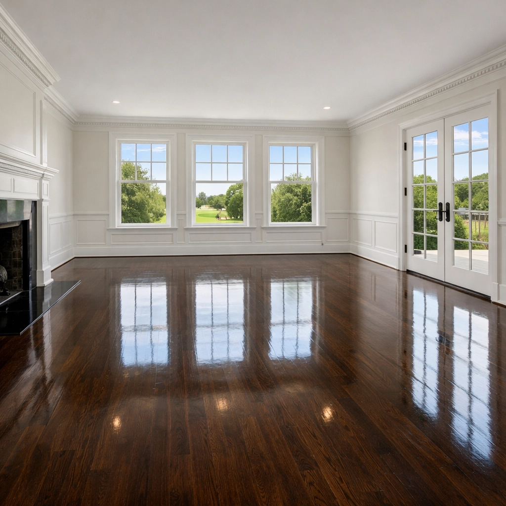 Polished hardwood floors in an empty historic Lexington home following a residential cleaning service.