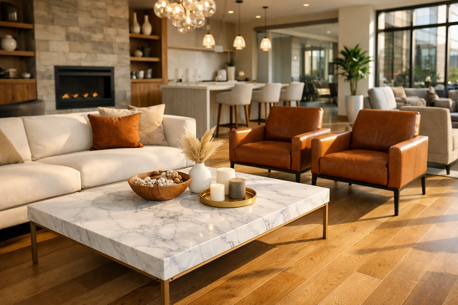 Sunlit luxury multifamily resident lounge in Indianapolis with spotless hardwood floors.