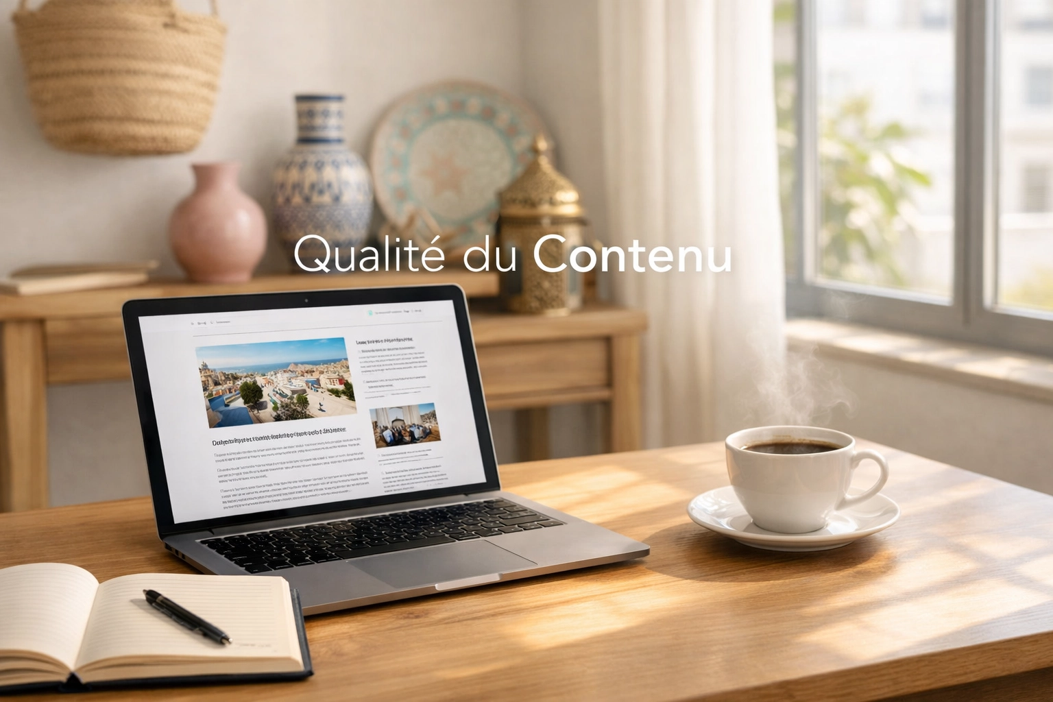 Bureau moderne à Tunis avec ordinateur affichant un article de blog axé sur la qualité du contenu.
