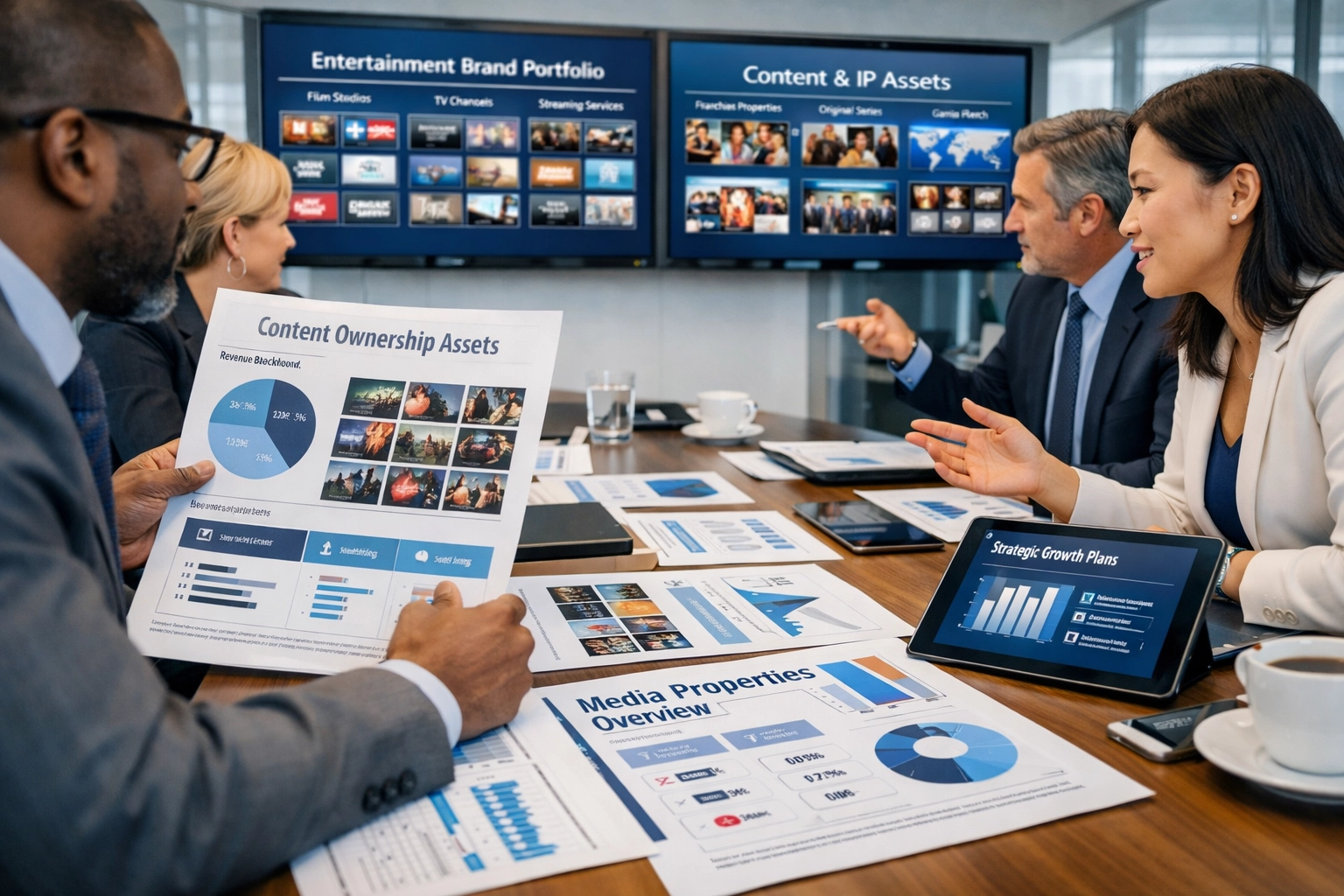 Sports marketing strategy meeting with executives reviewing content ownership and media portfolios