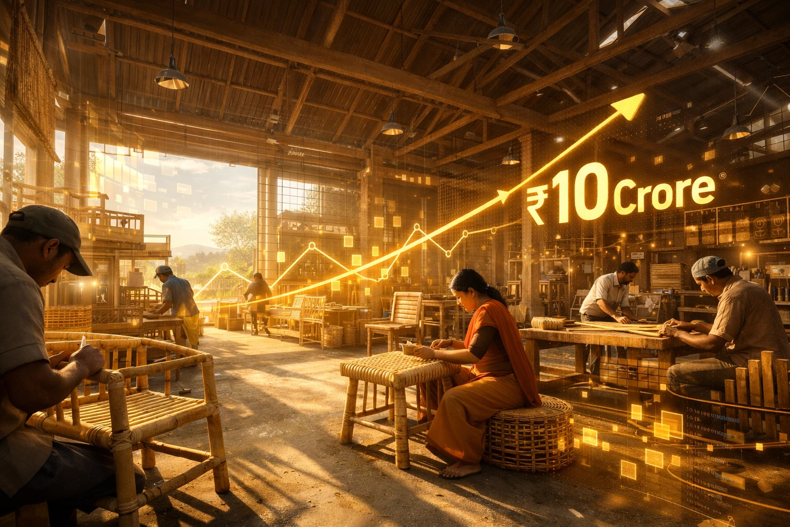 Local artisans crafting bamboo furniture in a modern rural factory to achieve SME growth India success.