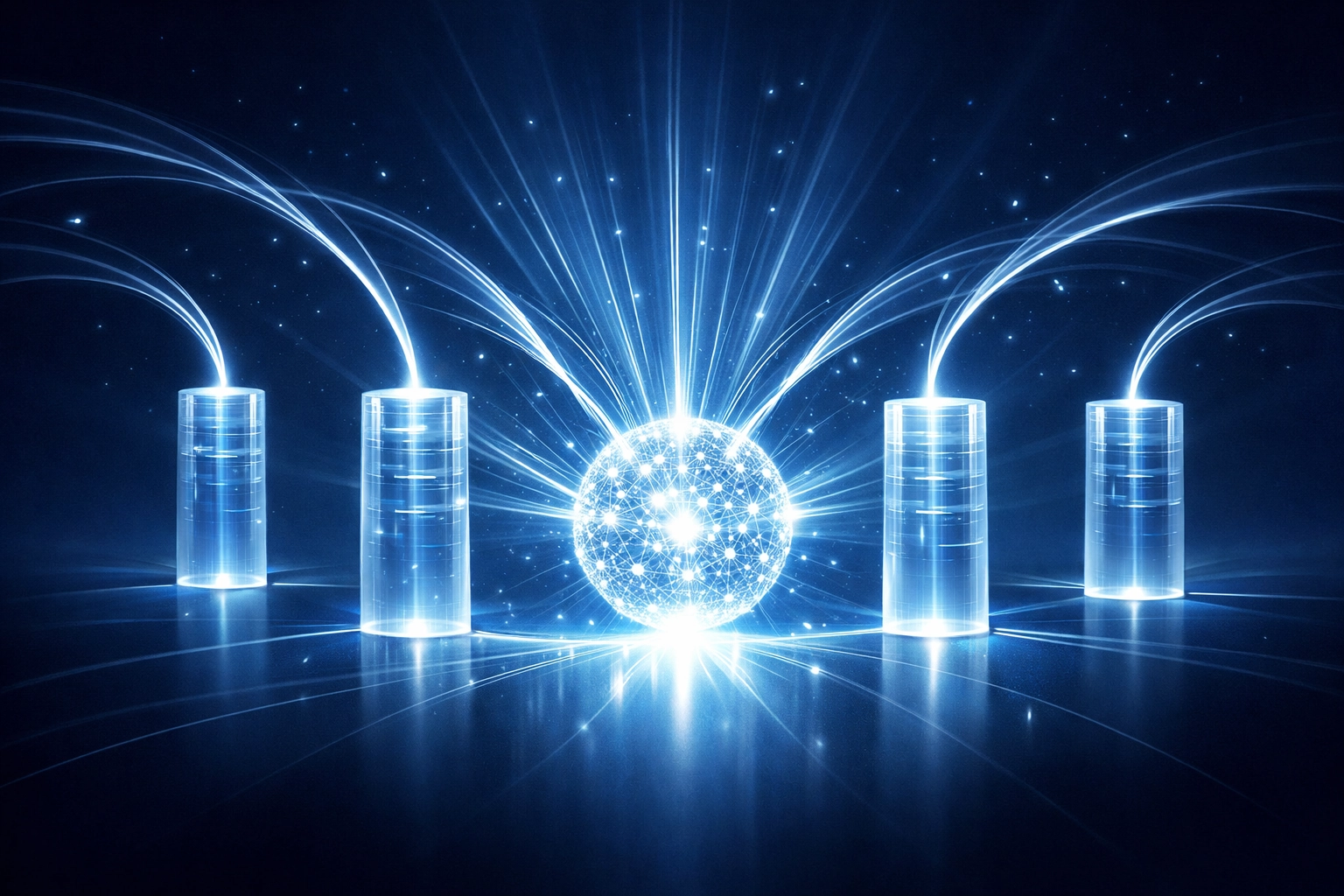 Modern visualization of data silos merging into a unified stream for professional services decision-making.