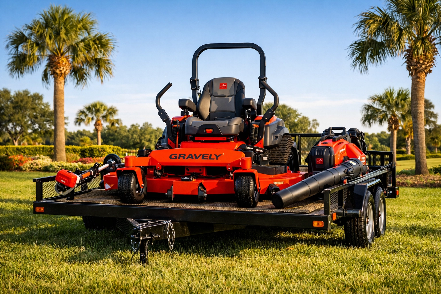 Gravely equipment bundle with zero-turn mower and trailer at Ocala Tractor in Florida.