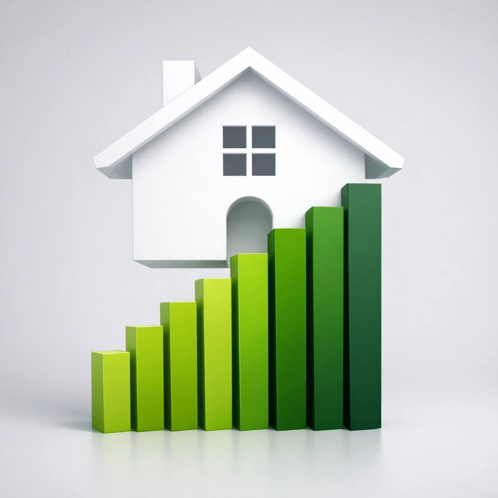 A house silhouette supported by rising green bar charts, representing growth and the BRRRR strategy.
