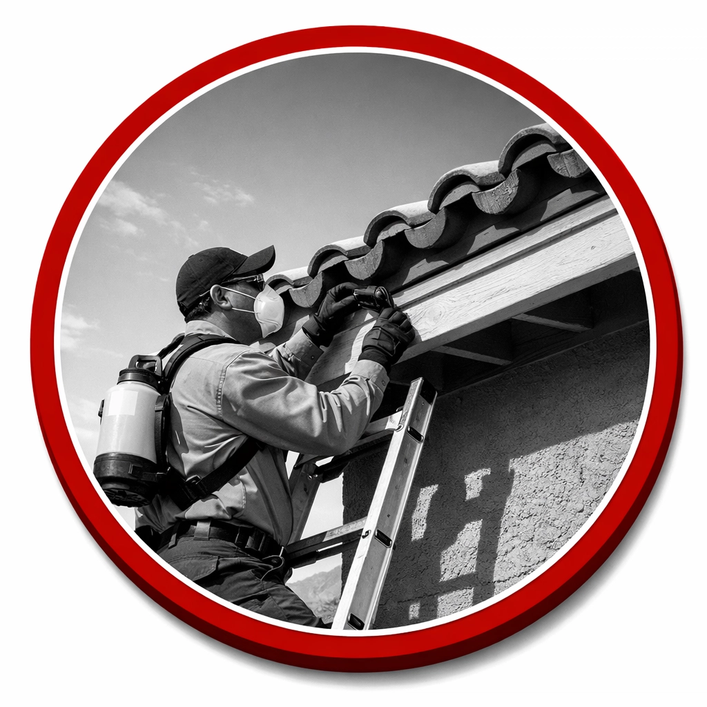 Expert pest control technician inspecting a Coolidge home roof for rodent and bird entry points.