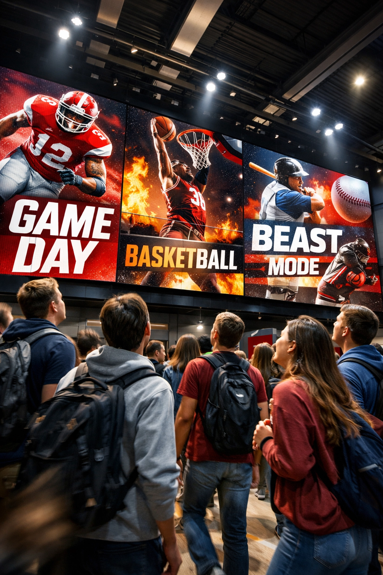 Students watching sports content on large digital screens inside college athletic facility