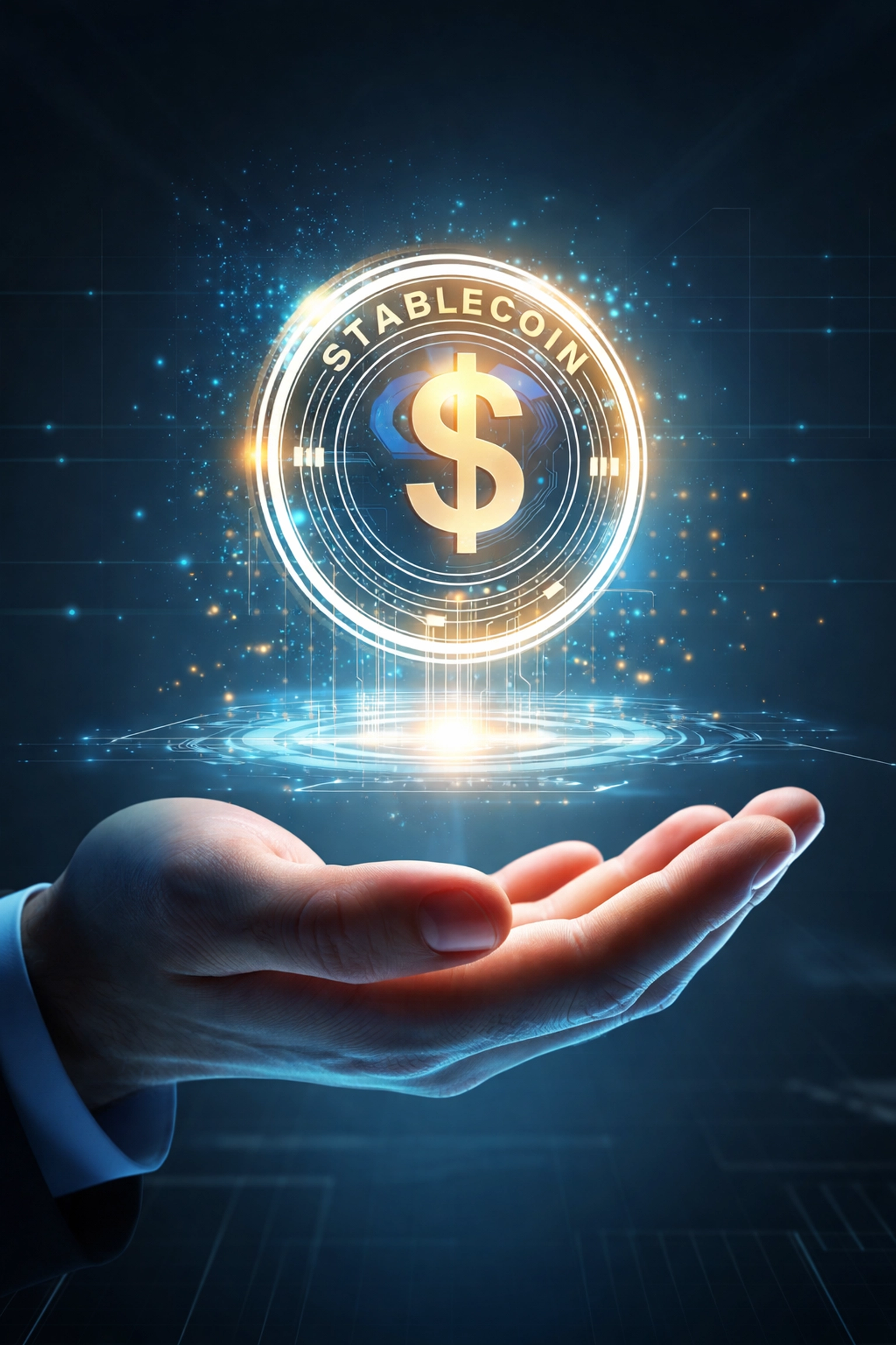 A glowing stablecoin above a hand symbolizes Larecoin’s secure and innovative stable crypto payment solution.