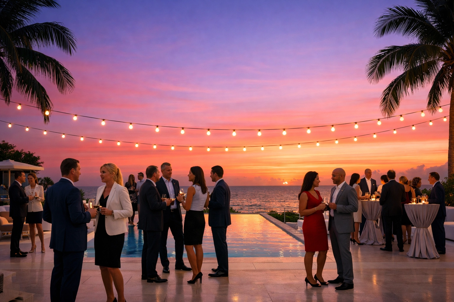 A miami event photographer captures a luxury rooftop corporate networking reception during sunset.