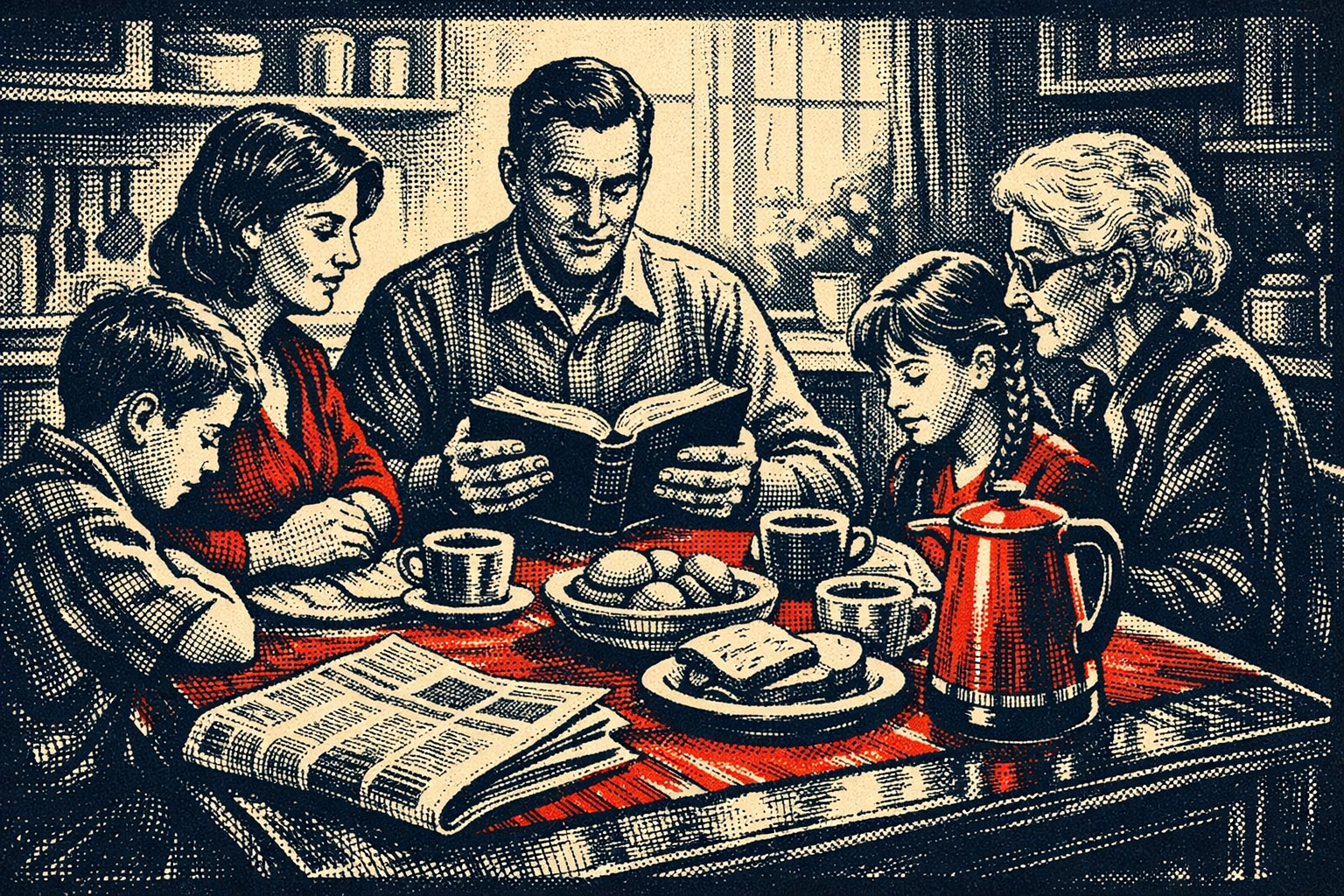 Family gathering for peaceful morning Bible reading and controlled news consumption