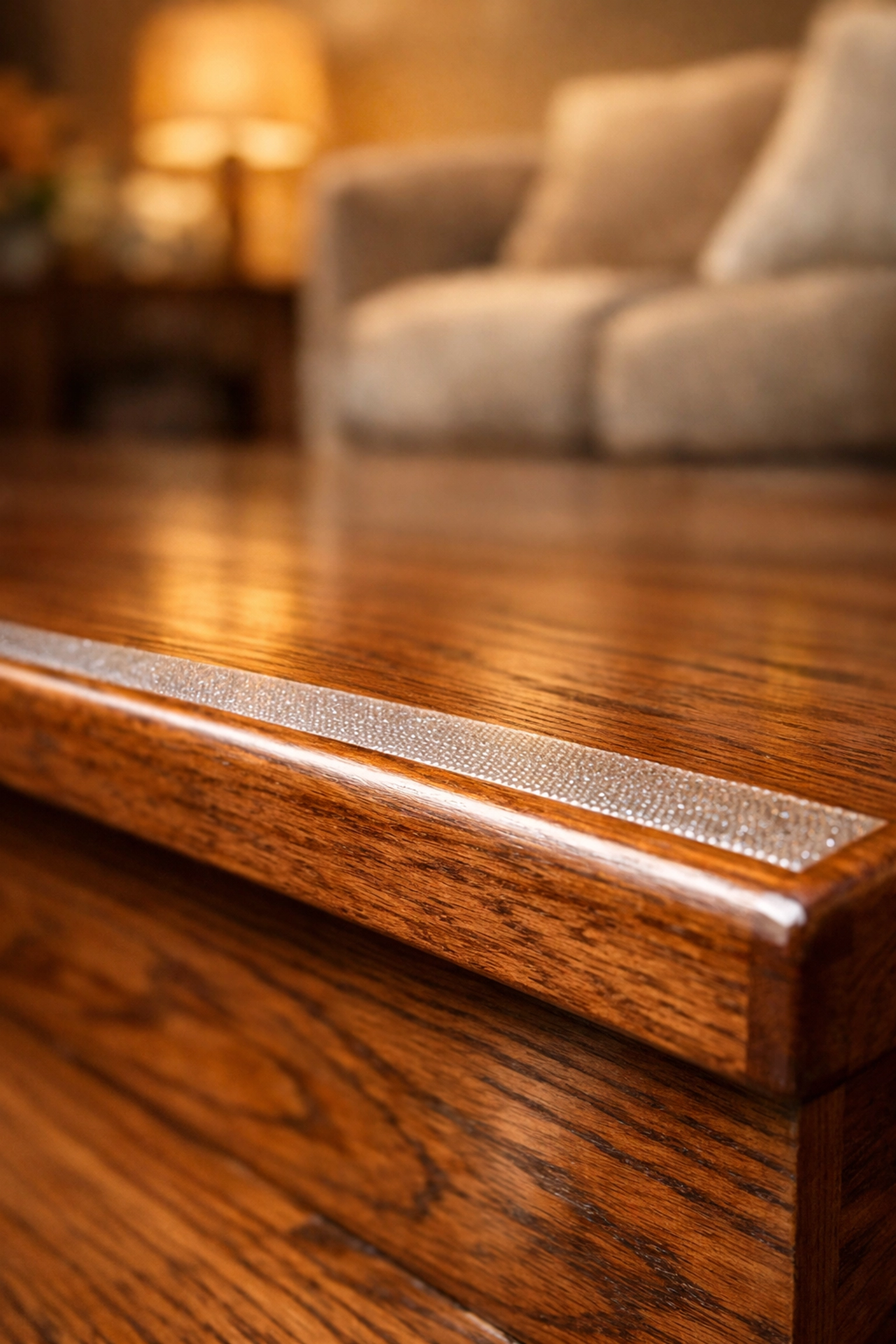 Transparent anti-slip tread on a hardwood step to prevent falls on slippery stairs.