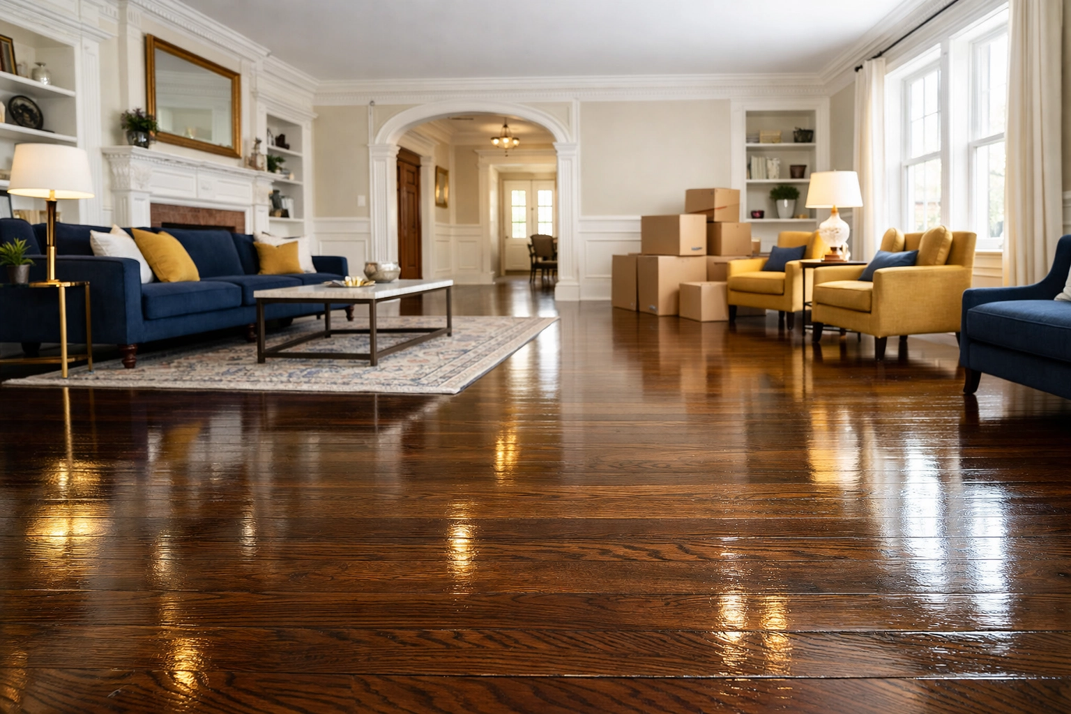 Impeccably cleaned Cambridge living room with gleaming dark wood floors ready for a fresh Massachusetts start.