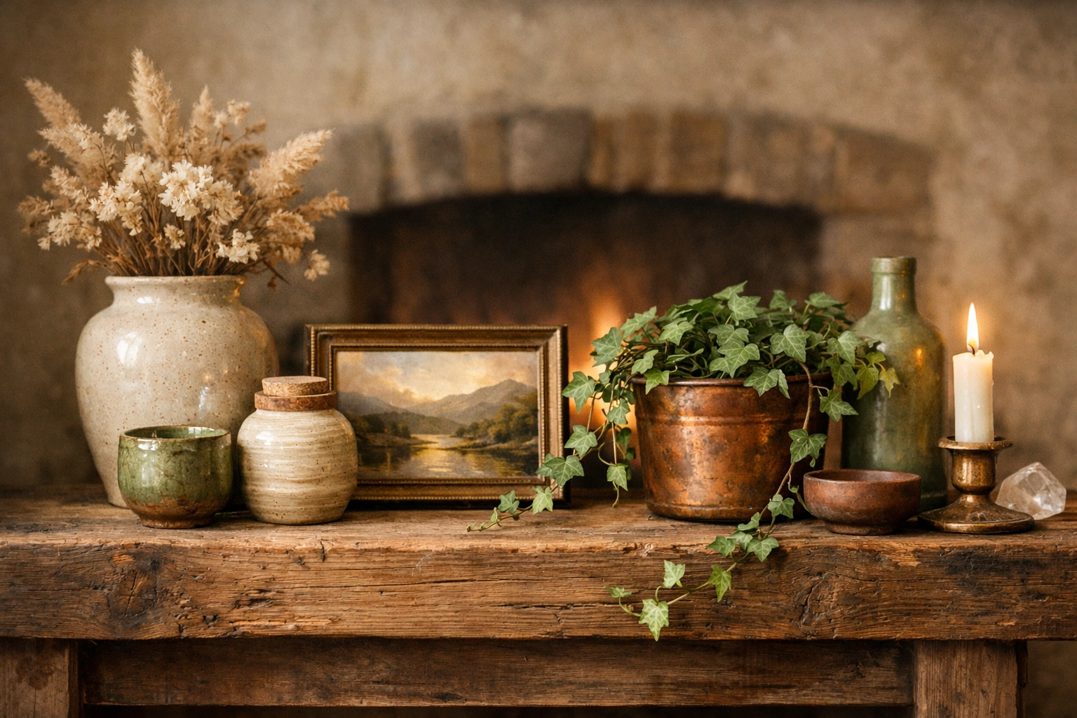 Rustic mantelpiece styled with artisan pottery, framed art, and plants for a cozy home sanctuary.