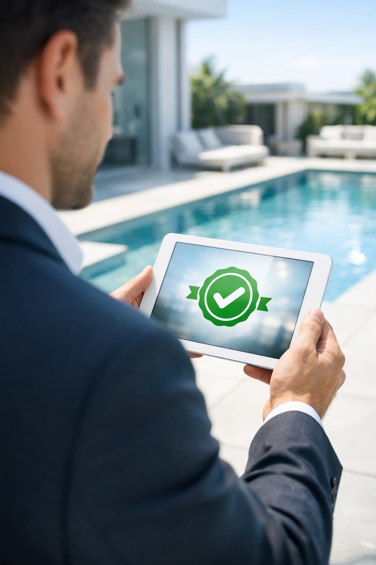 Business owner holding a tablet showing digital loan approval next to a sun-lit residential swimming pool.