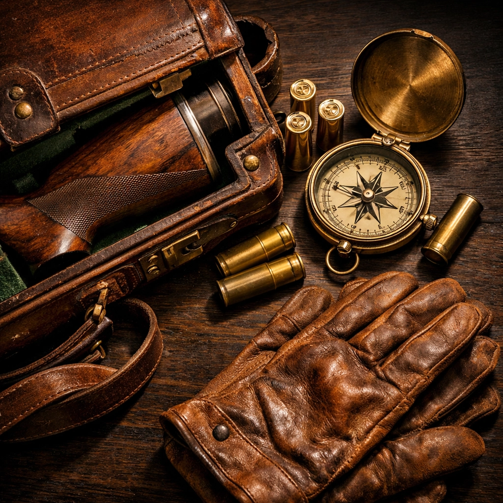 Antique hunting and sporting equipment arranged for Ohio estate auction sale