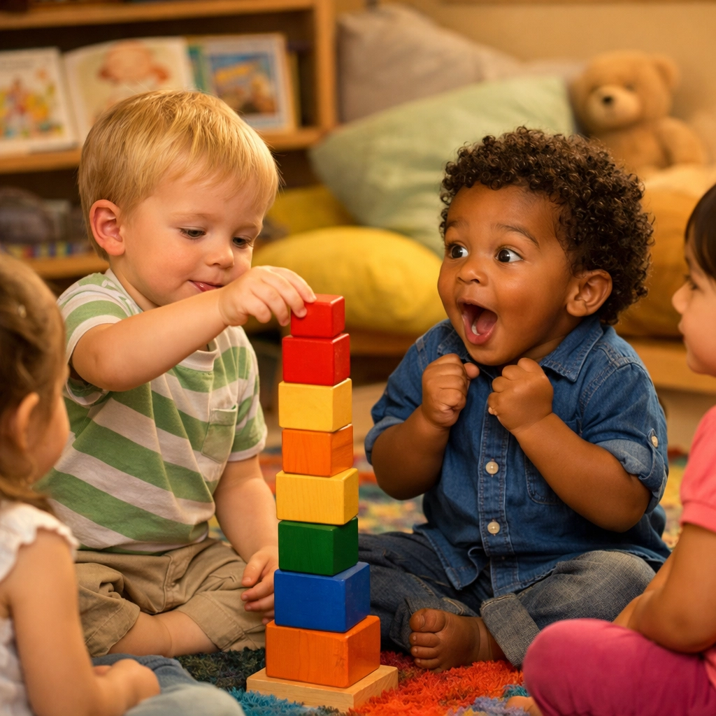 Diverse toddlers building blocks together on a colorful rug at our Liverpool childcare center.