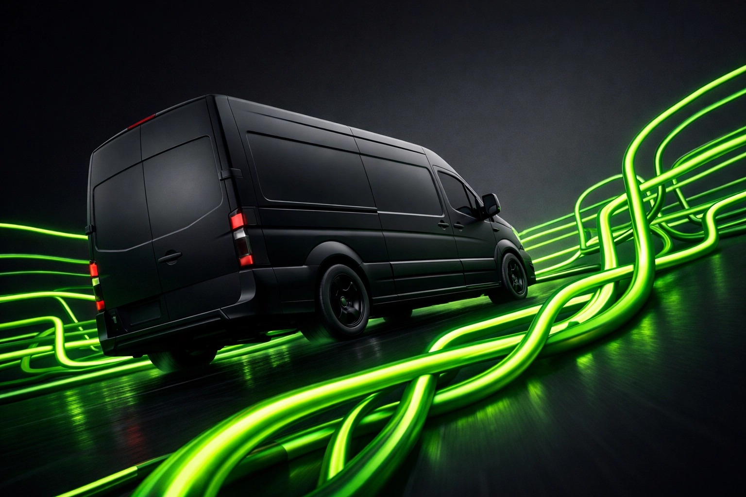 Modern plumbing service van driving through a network of glowing pipes, representing efficient lead flow.