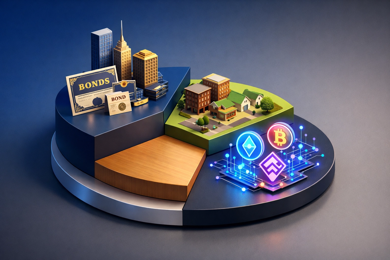 Balanced portfolio allocation model showing 40/30/30 split across traditional, real estate, and alternative assets