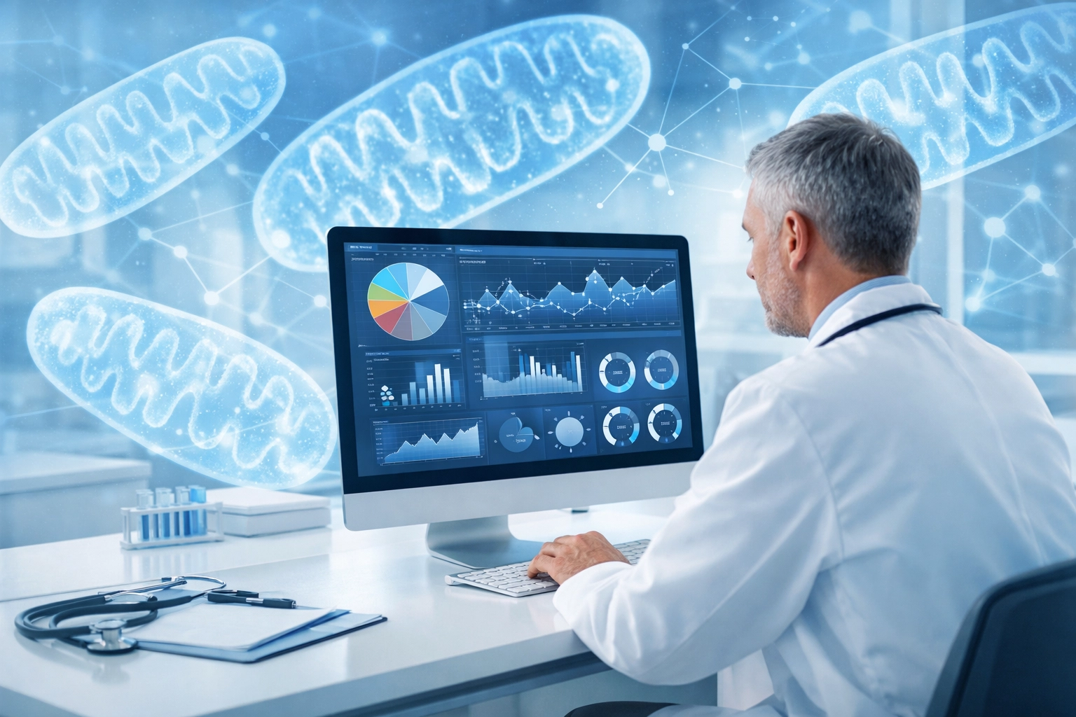 Metabolic optimization concept: clinician reviewing a metabolic dashboard with subtle mitochondria-themed abstract overlay in cool blue tones.