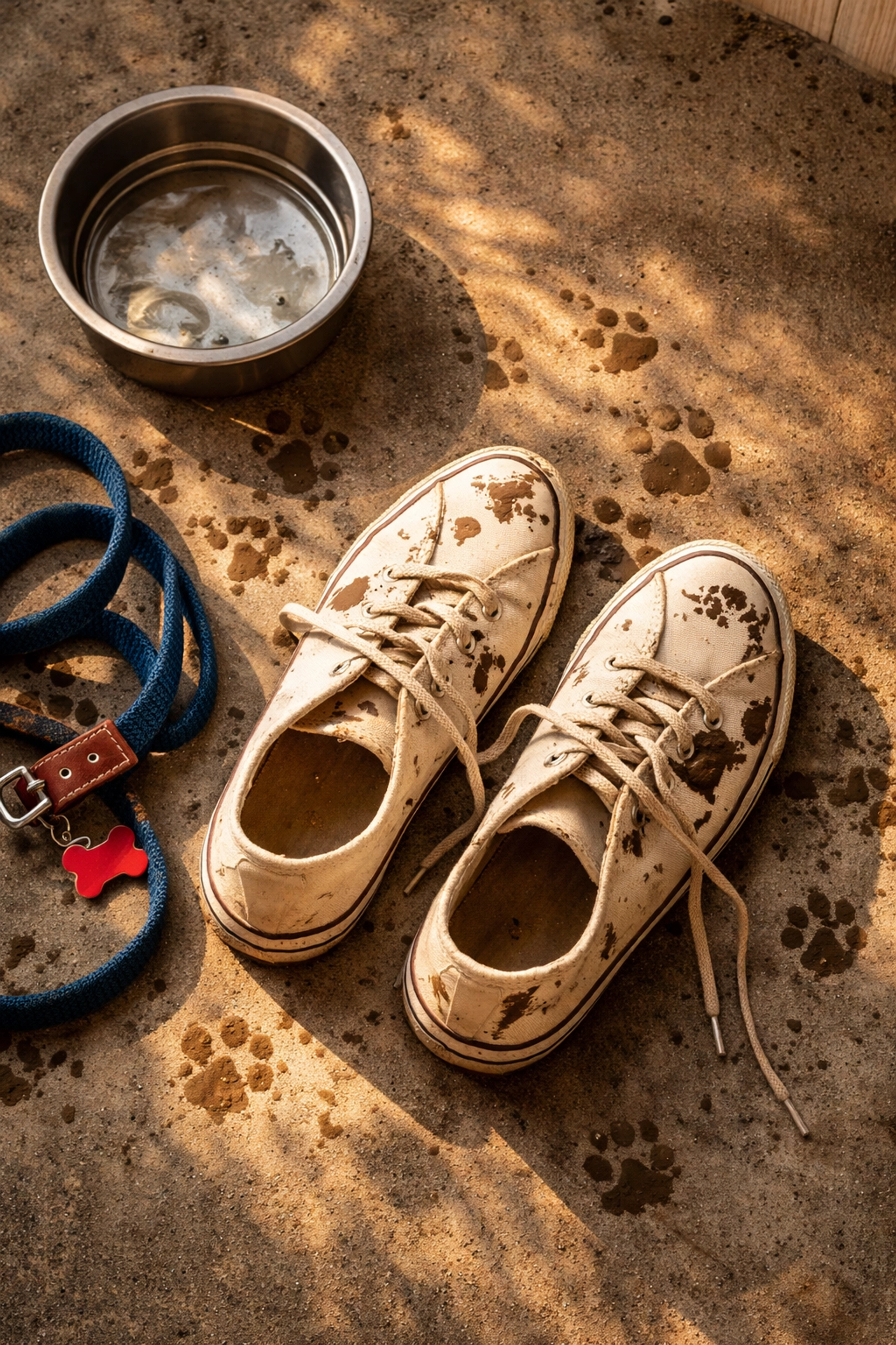 Worn sneakers with muddy paw prints on a shelter floor, showing a typical day volunteering with rescue dogs.