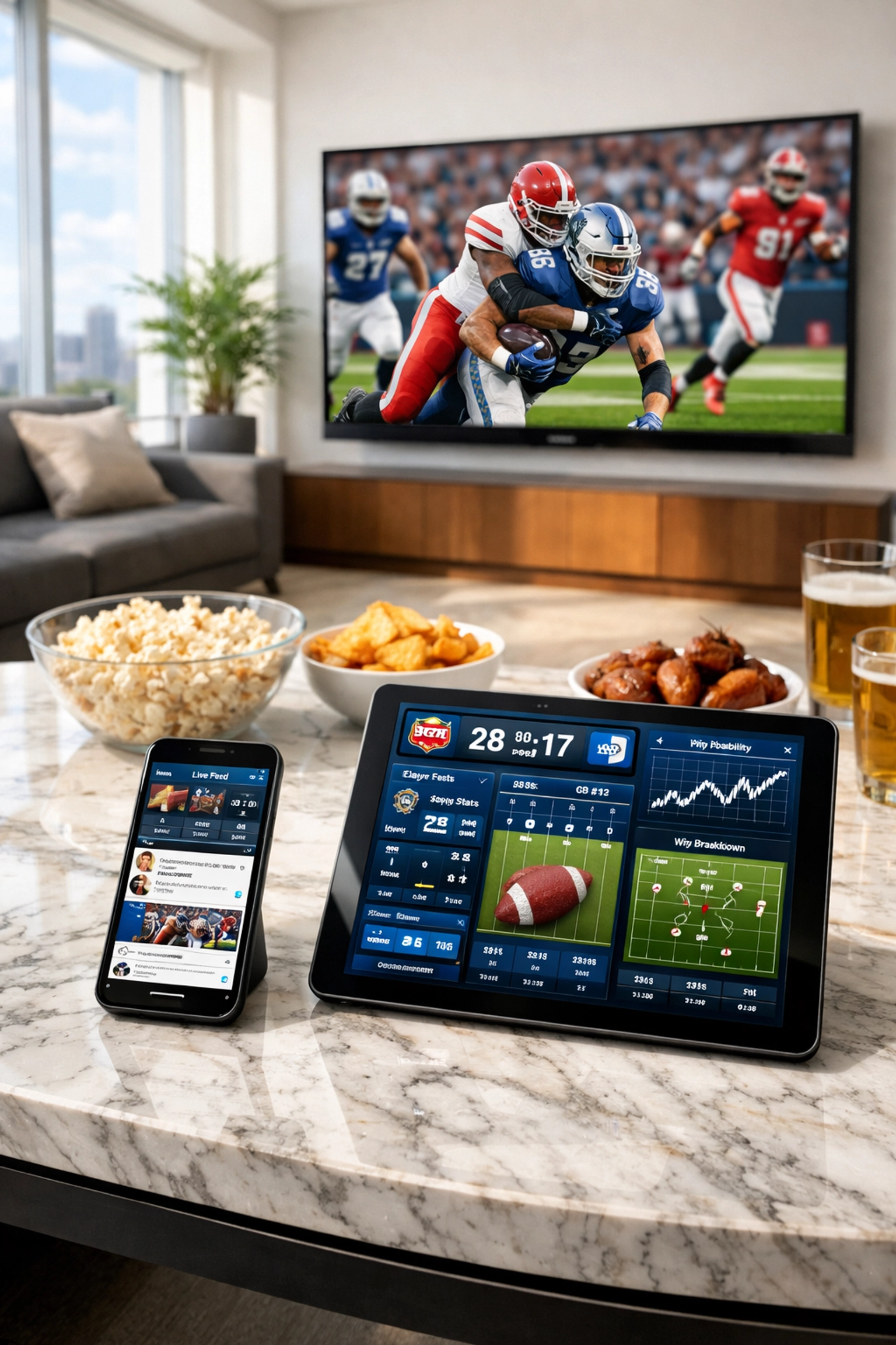 Digital sports marketing on multiple screens in a luxury living room during a football game.