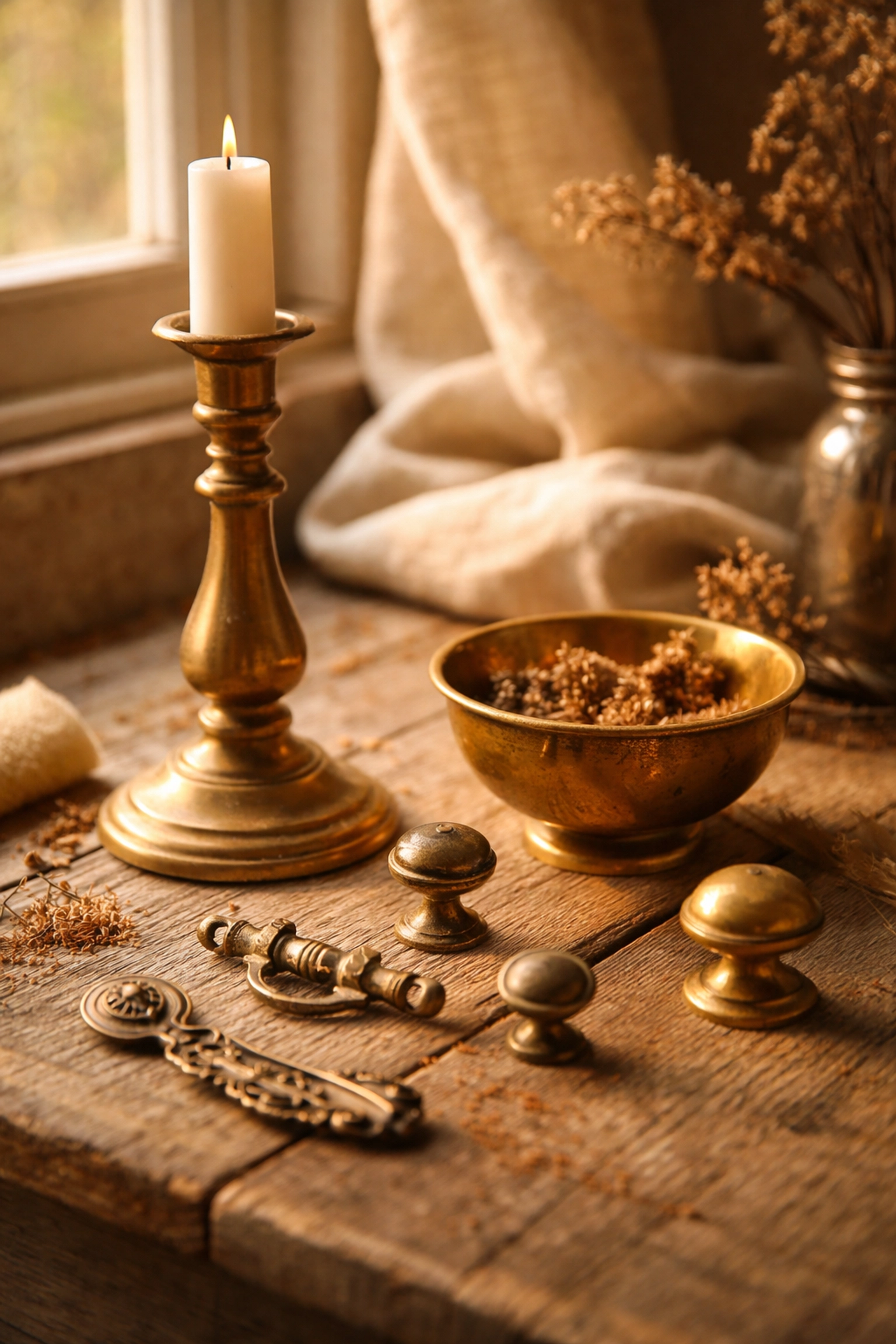 Unlacquered brass home accessories showing various stages of patina development on a rustic wooden surface for artisan decor inspiration