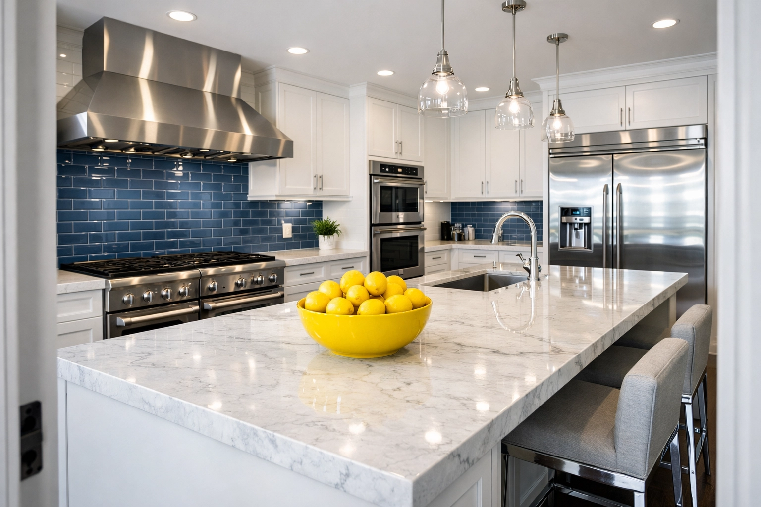 A professionally cleaned luxury kitchen in Lowell with spotless marble countertops and sparkling appliances.